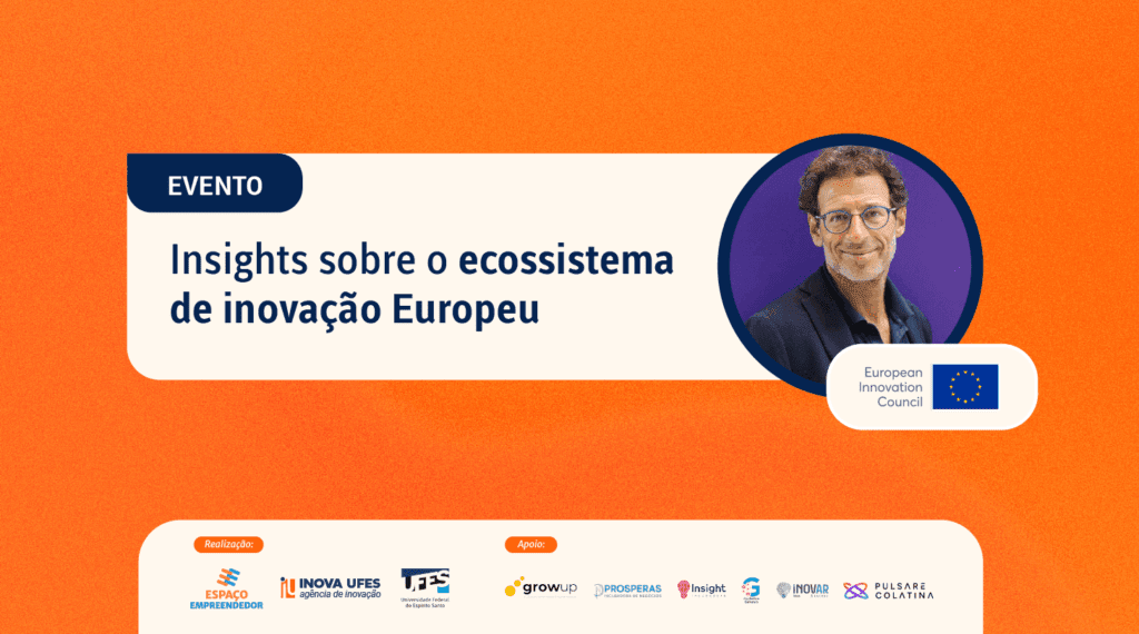 Foto do palestrante Antonio Marco Pantaleo com a copy “Insights sobre o ecossistema de inovação europeu”, e uma tag escrita “evento”